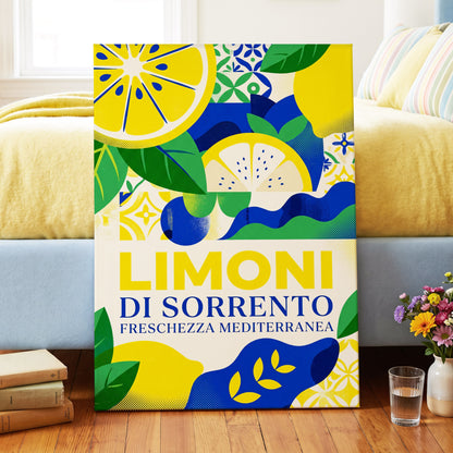 Sorrento Citrus Rhythm, yellow, blue, green nature wall art on canvas displayed in a styled interior, gallery view 2