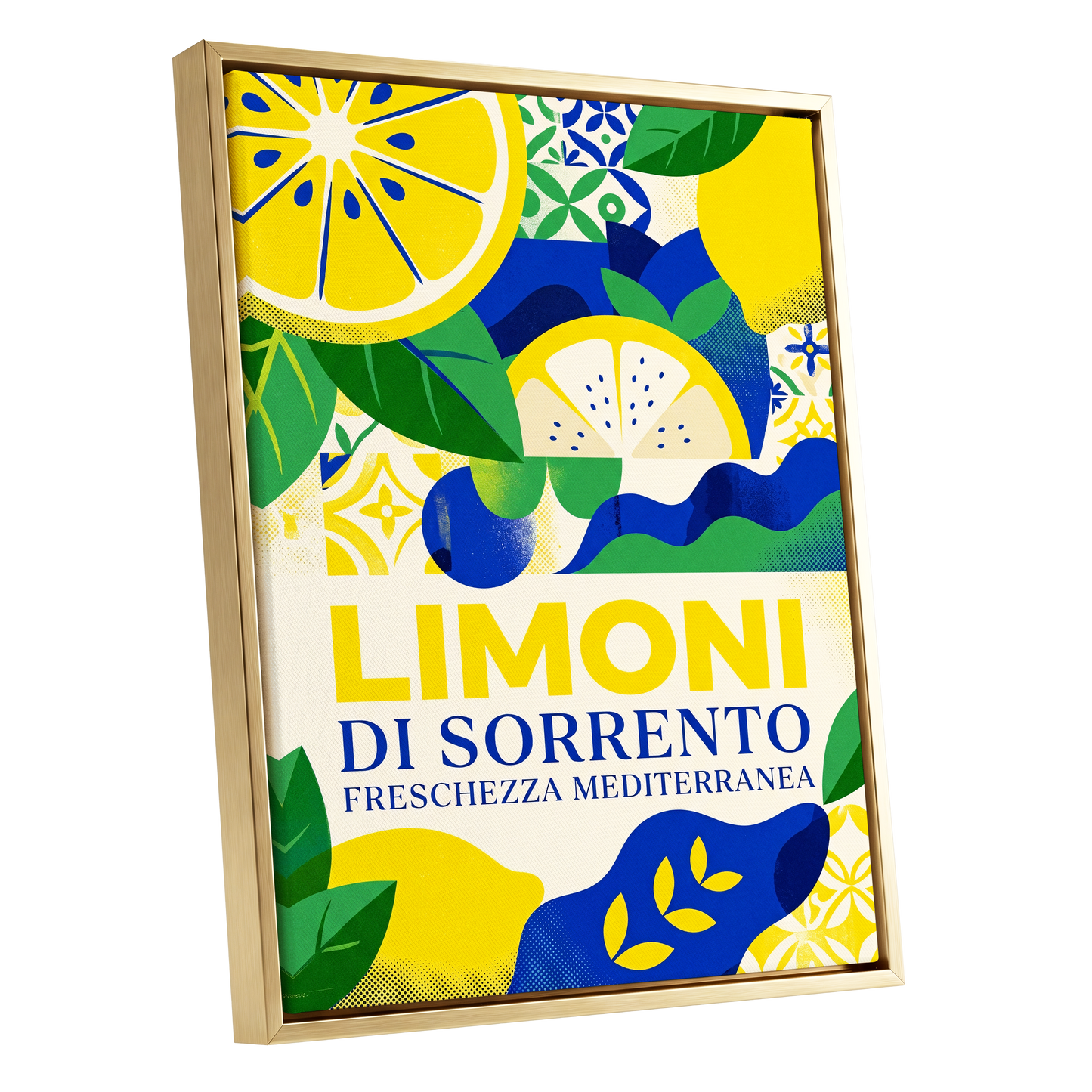 Sorrento Citrus Rhythm, yellow, blue, green nature wall art shown as a gold framed canvas wall art