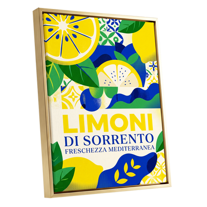 Sorrento Citrus Rhythm, yellow, blue, green nature wall art shown as a gold framed canvas wall art