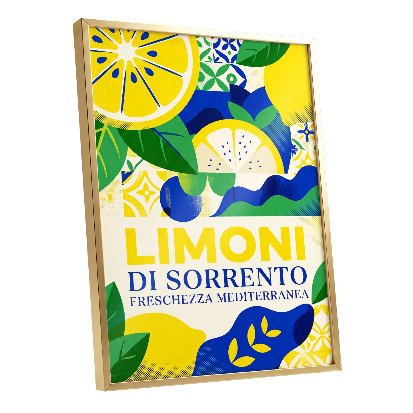 Sorrento Citrus Rhythm, yellow, blue, green nature wall art shown as a gold framed poster wall art print
