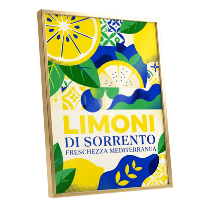 Sorrento Citrus Rhythm, yellow, blue, green nature wall art shown as a gold framed poster wall art print
