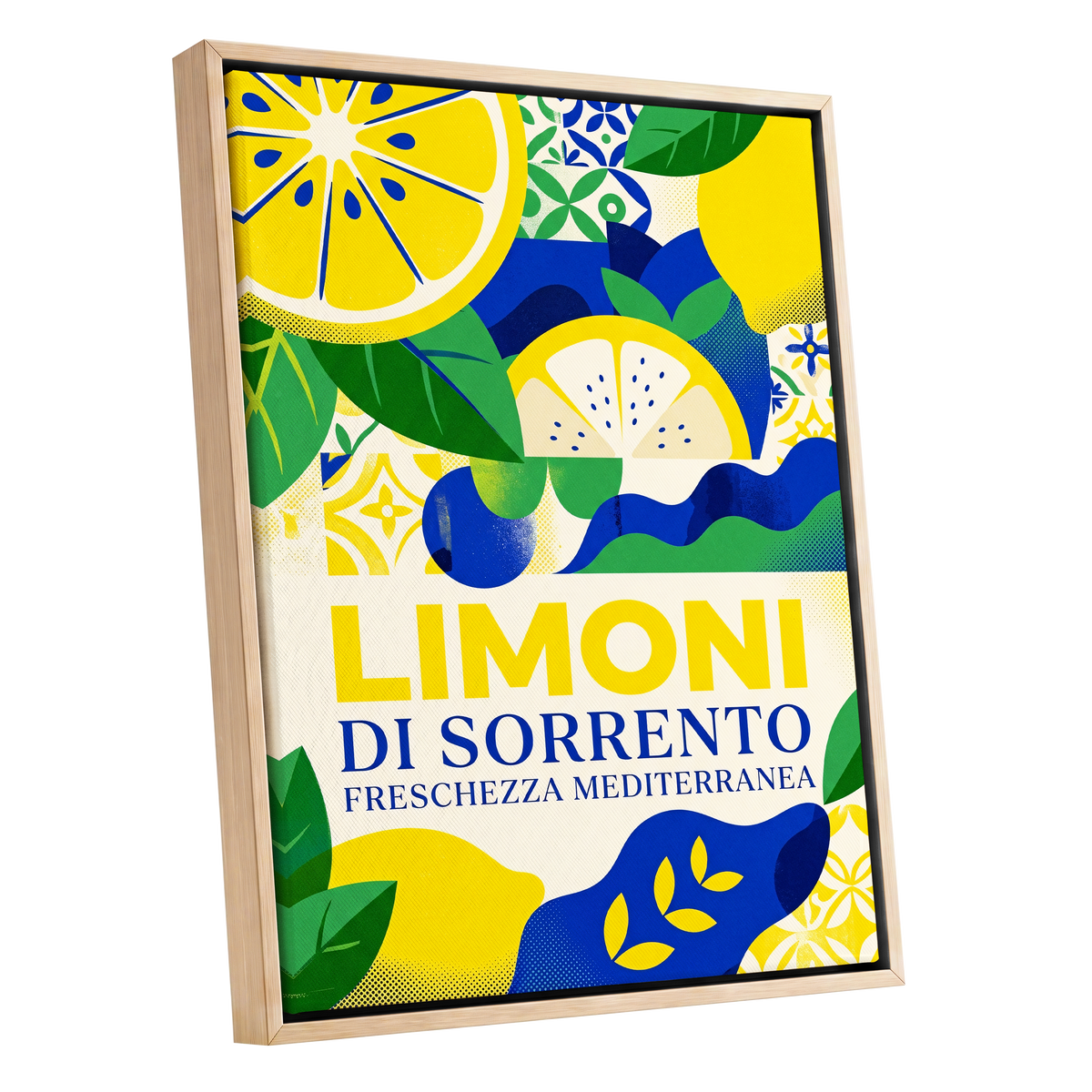 Sorrento Citrus Rhythm, yellow, blue, green nature wall art shown as a oak framed canvas wall art