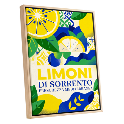 Sorrento Citrus Rhythm, yellow, blue, green nature wall art shown as a oak framed canvas wall art