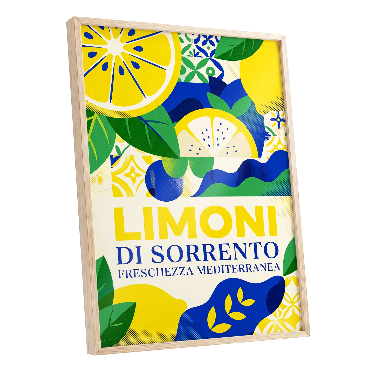 Sorrento Citrus Rhythm, yellow, blue, green nature wall art shown as a oak framed poster wall art print