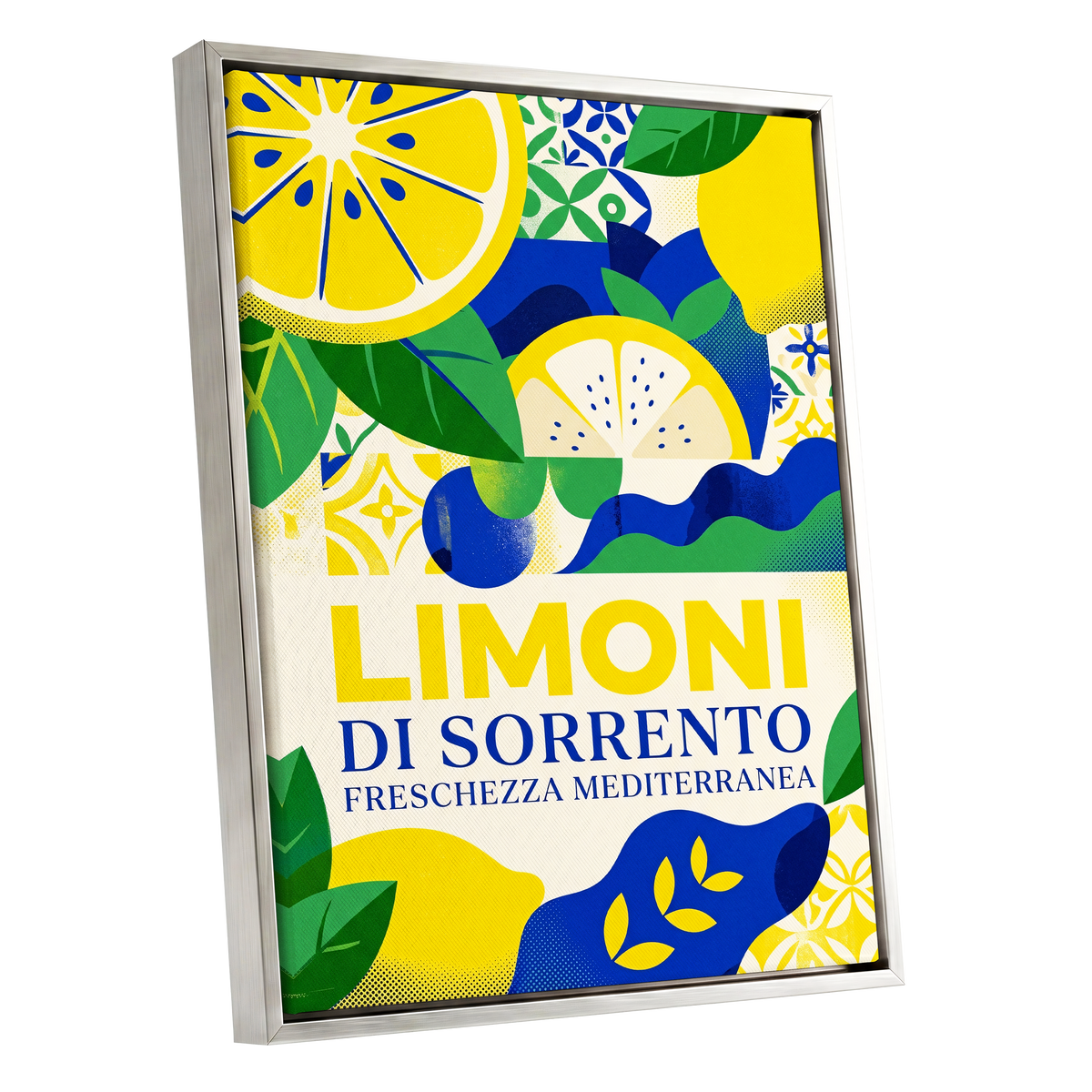 Sorrento Citrus Rhythm, yellow, blue, green nature wall art shown as a silver framed canvas wall art