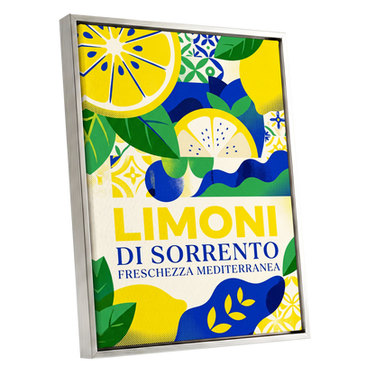 Sorrento Citrus Rhythm, yellow, blue, green nature wall art shown as a silver framed canvas wall art
