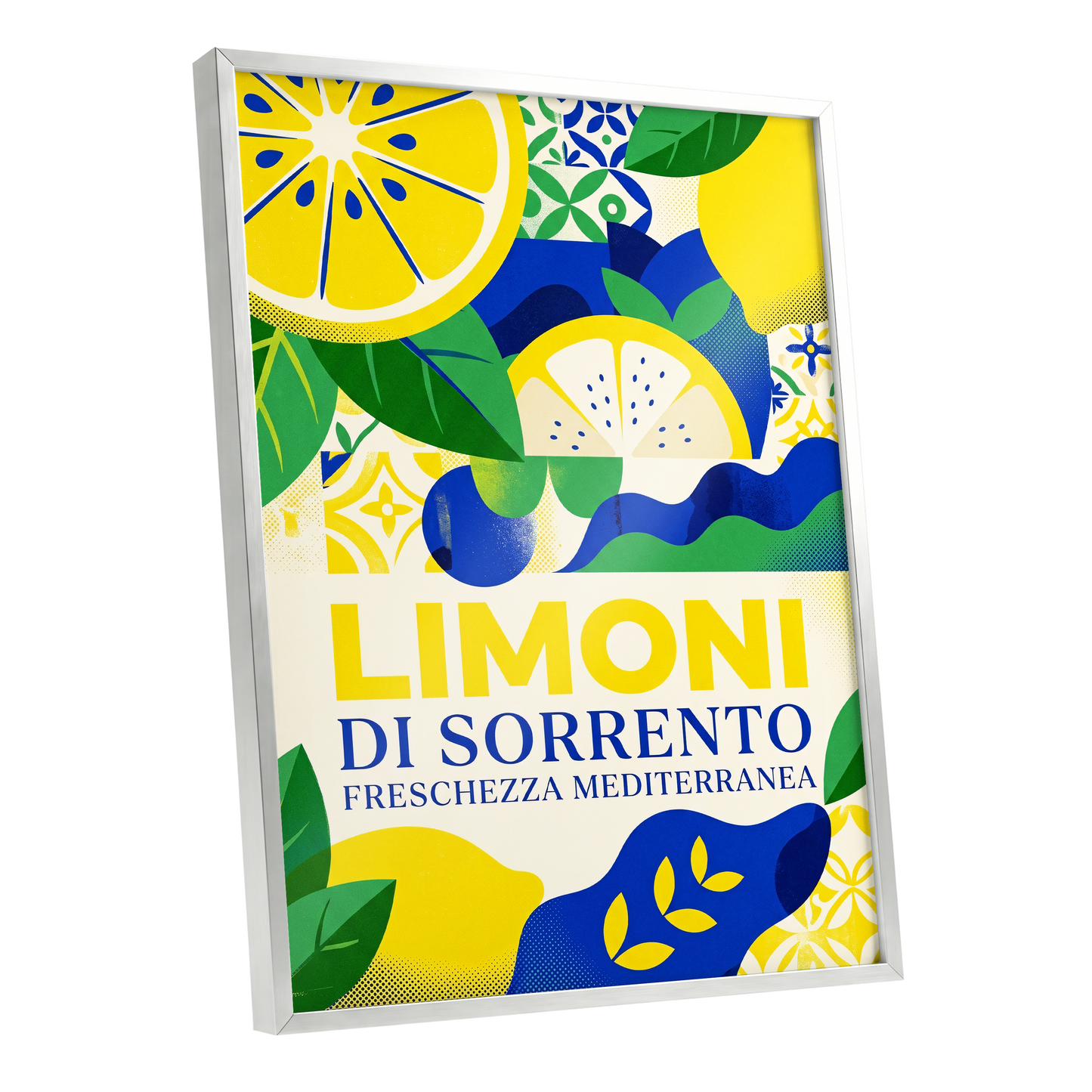 Sorrento Citrus Rhythm, yellow, blue, green nature wall art shown as a silver framed poster wall art print