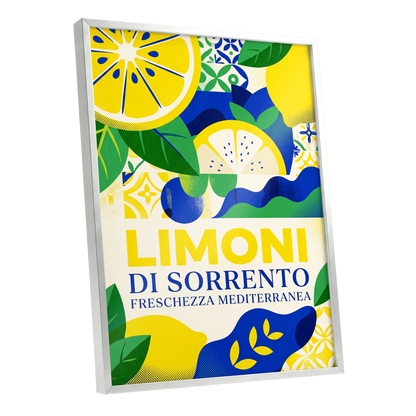 Sorrento Citrus Rhythm, yellow, blue, green nature wall art shown as a silver framed poster wall art print