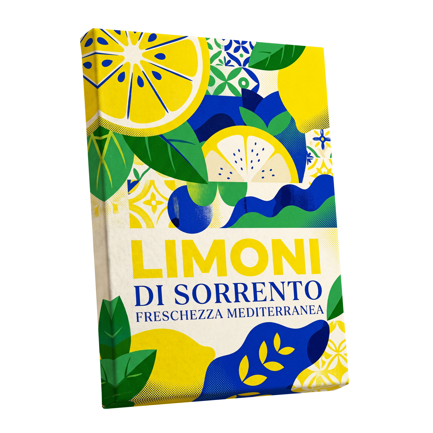 Sorrento Citrus Rhythm, yellow, blue, green nature wall art shown as a stretched canvas wall art
