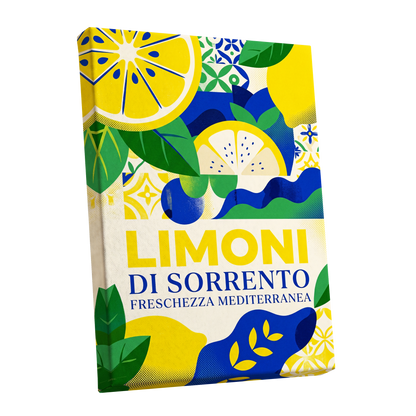 Sorrento Citrus Rhythm, yellow, blue, green nature wall art shown as a stretched canvas wall art