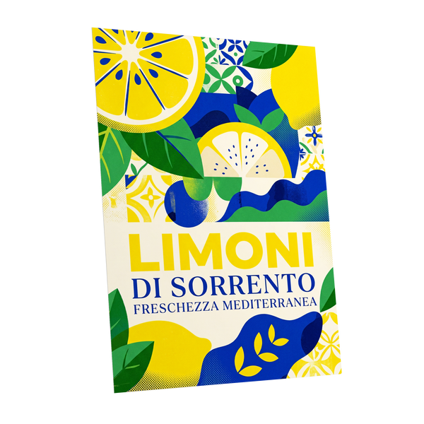 Sorrento Citrus Rhythm, yellow, blue, green nature wall art shown as a unframed poster wall art print