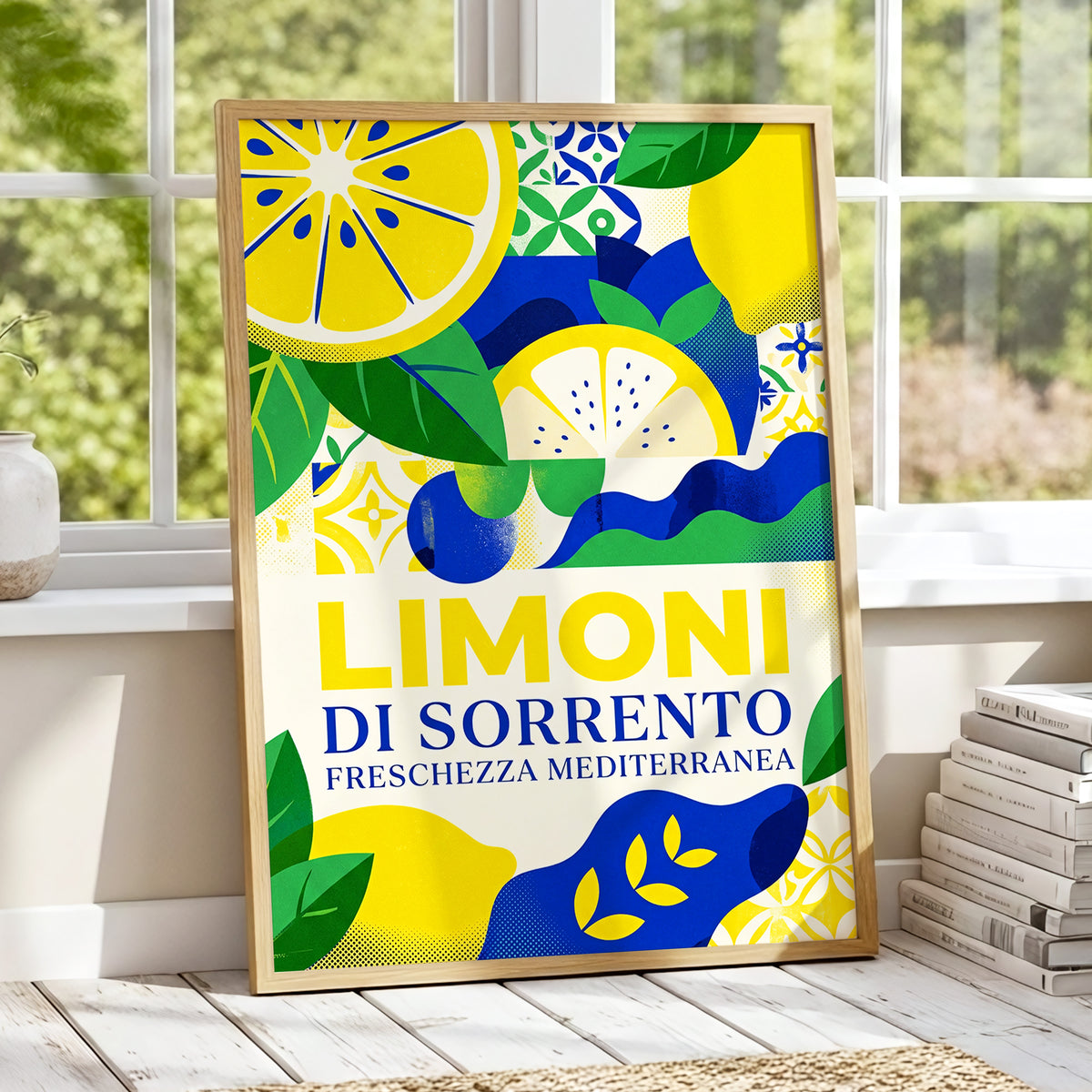 Sorrento Citrus Rhythm, yellow, blue, green nature wall art displayed in a styled interior, gallery view 1
