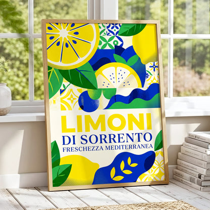 Sorrento Citrus Rhythm, yellow, blue, green nature wall art displayed in a styled interior, gallery view 1