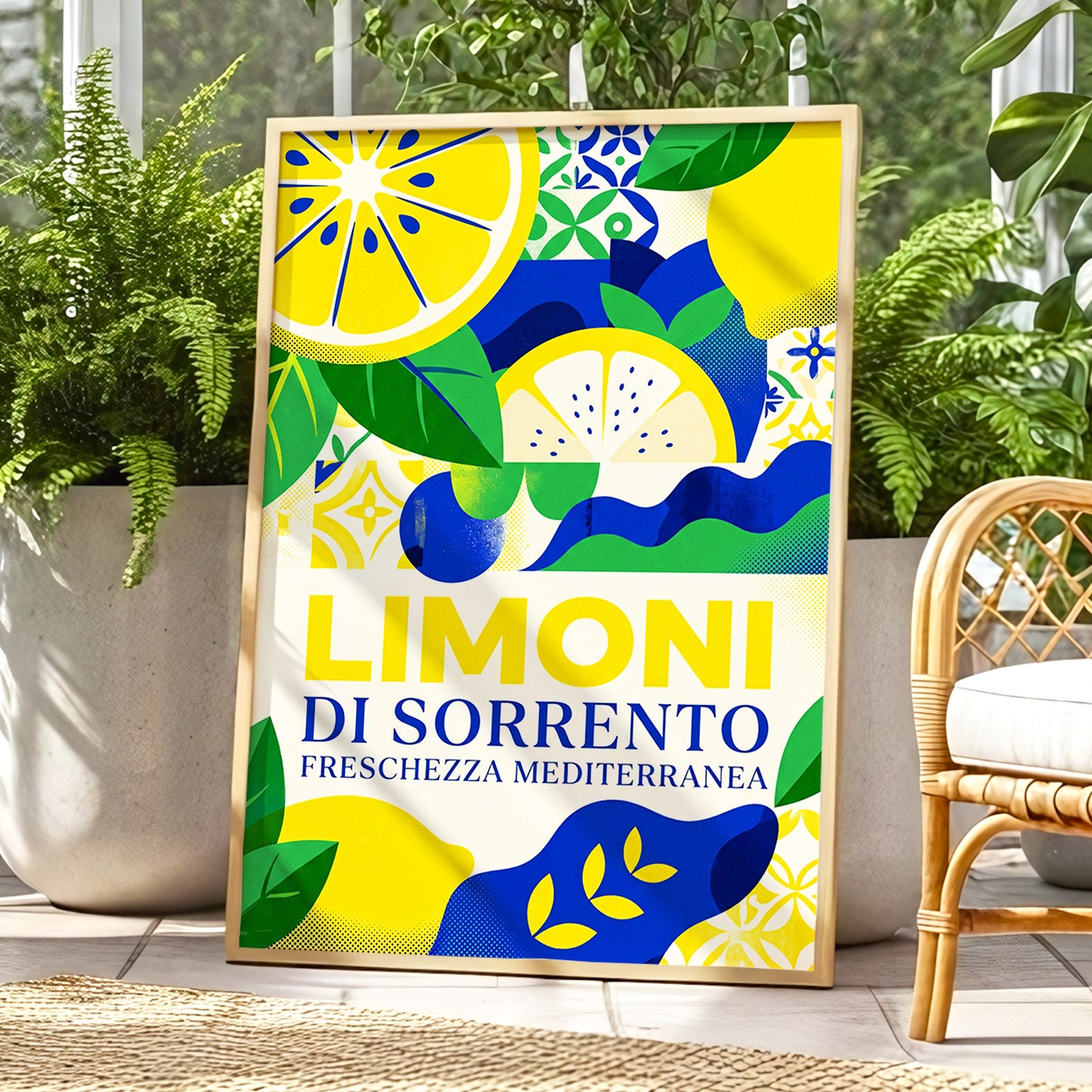 Sorrento Citrus Rhythm, yellow, blue, green nature wall art displayed in a styled interior, gallery view 2