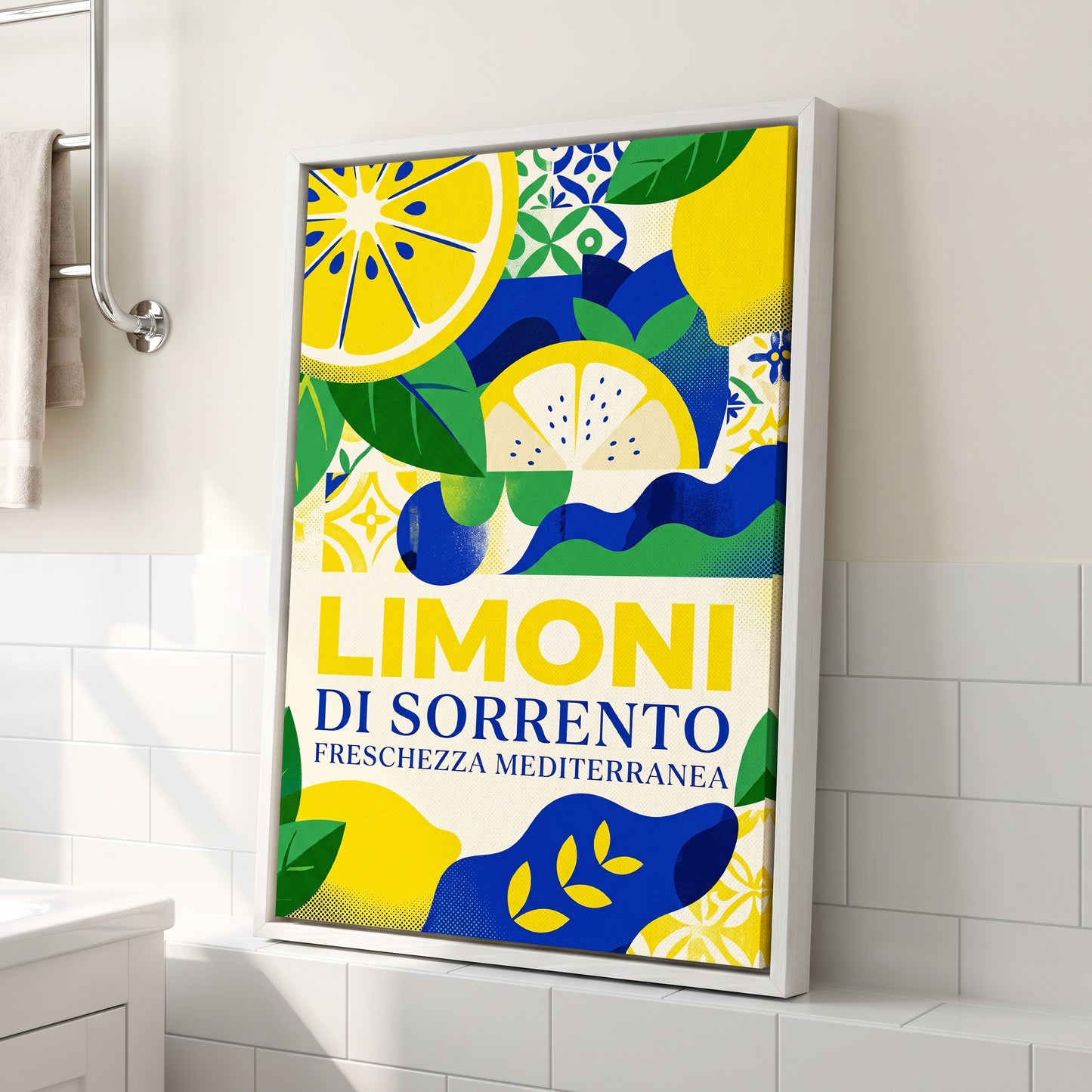 Sorrento Citrus Rhythm, yellow, blue, green nature wall art displayed in a styled interior, gallery view 3