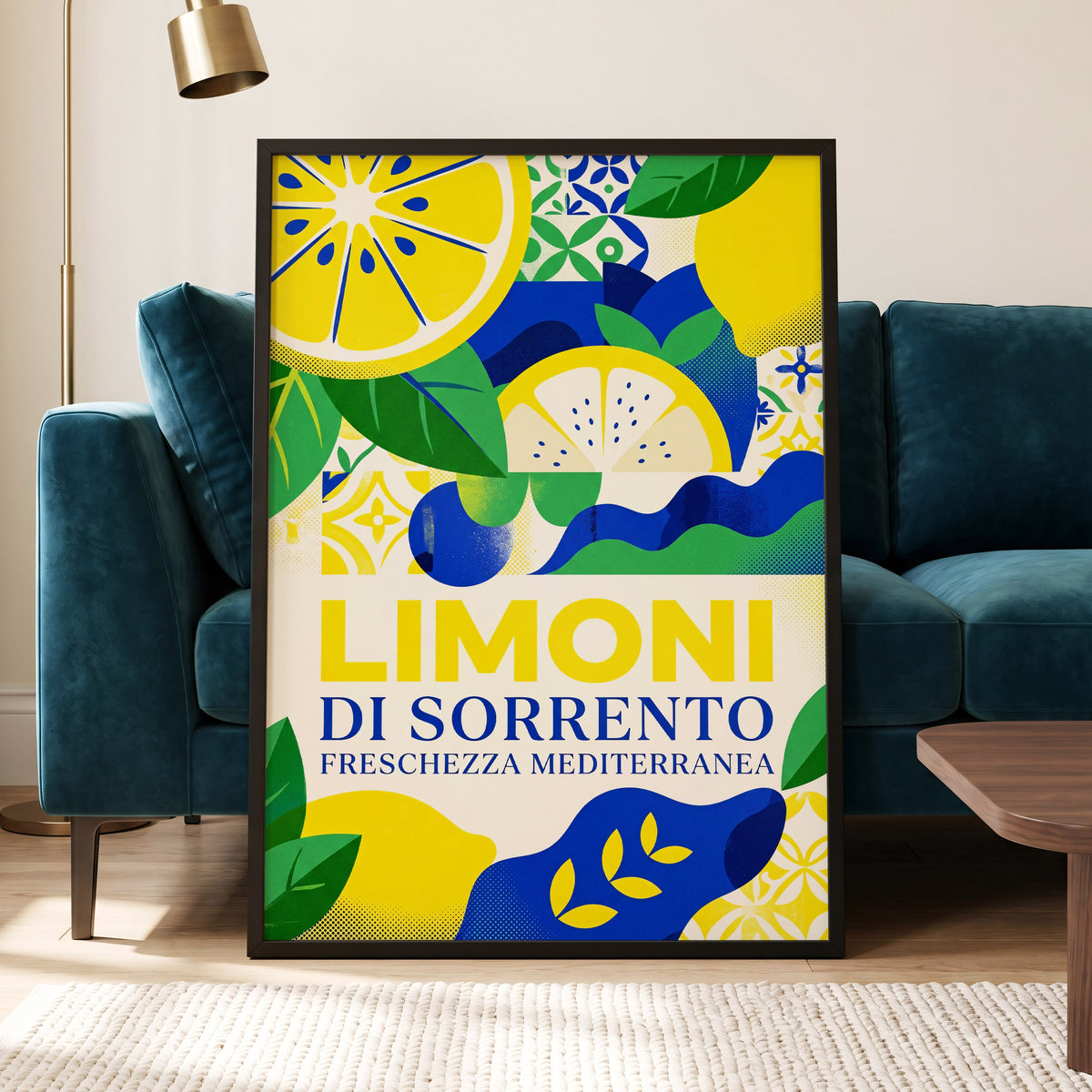 Sorrento Citrus Rhythm, yellow, blue, green nature wall art displayed in a styled interior, gallery view 6
