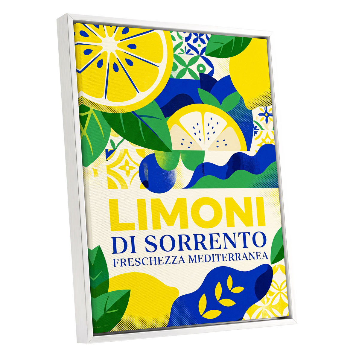 Sorrento Citrus Rhythm, yellow, blue, green nature wall art shown as a white framed canvas wall art
