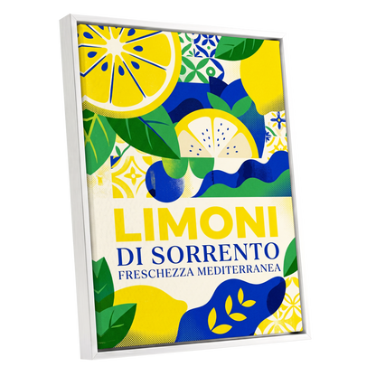 Sorrento Citrus Rhythm, yellow, blue, green nature wall art shown as a white framed canvas wall art