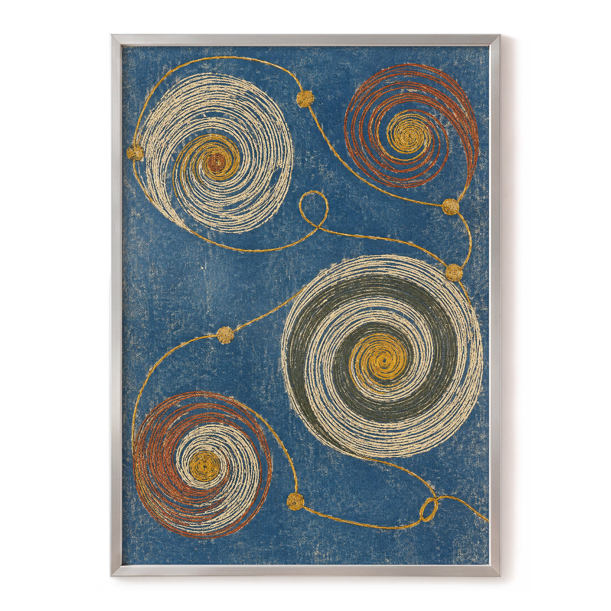 Spiral Cadence, blue, beige, gold abstract wall art, front artwork view
