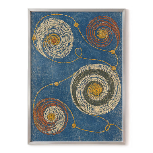 Spiral Cadence, blue, beige, gold abstract wall art, front artwork view