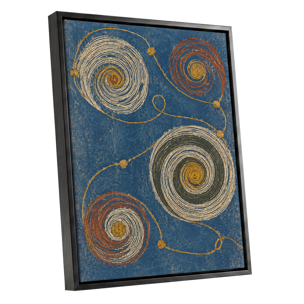 Spiral Cadence, blue, beige, gold abstract wall art shown as a black framed canvas wall art