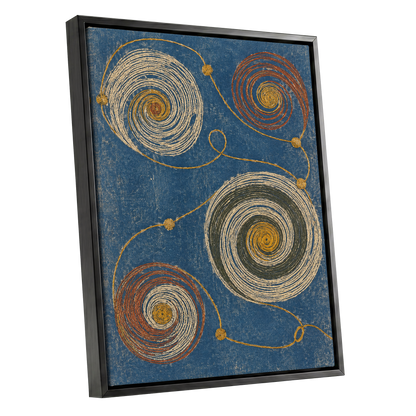 Spiral Cadence, blue, beige, gold abstract wall art shown as a black framed canvas wall art