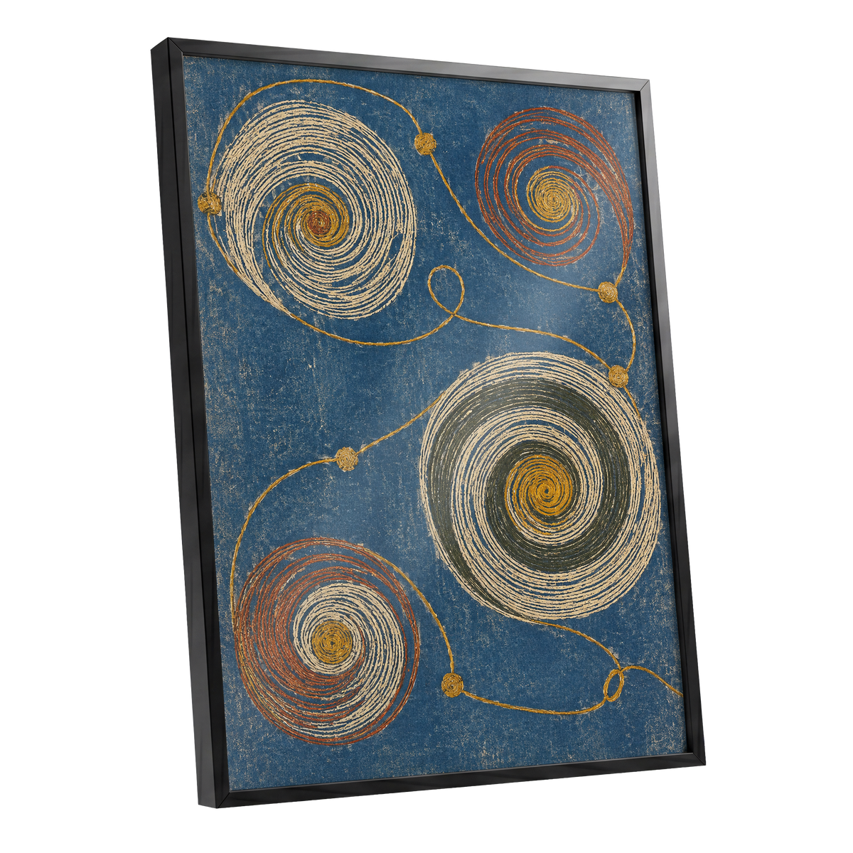 Spiral Cadence, blue, beige, gold abstract wall art shown as a black framed poster wall art print