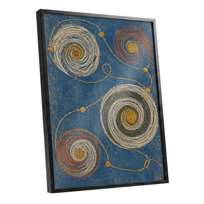 Spiral Cadence, blue, beige, gold abstract wall art shown as a black framed poster wall art print