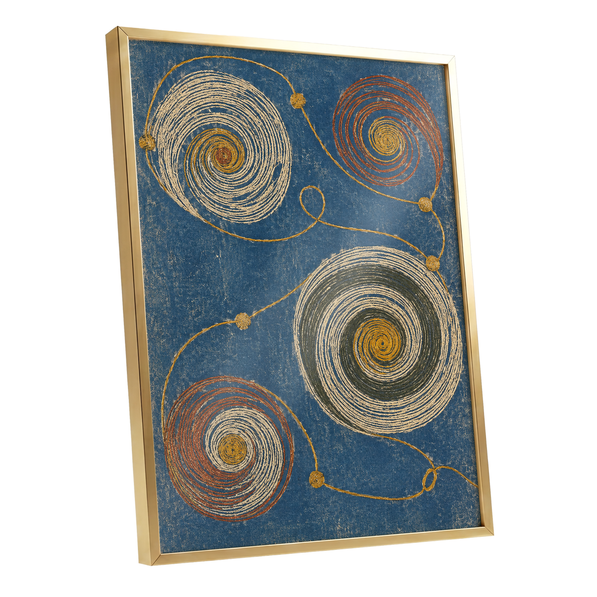 Spiral Cadence, blue, beige, gold abstract wall art shown as a gold framed poster wall art print