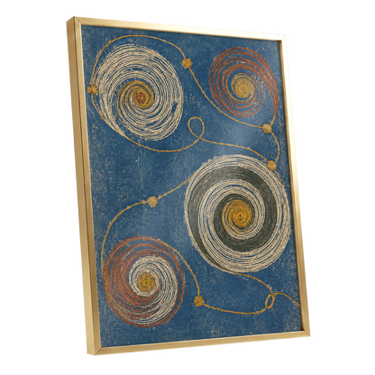 Spiral Cadence, blue, beige, gold abstract wall art shown as a gold framed poster wall art print