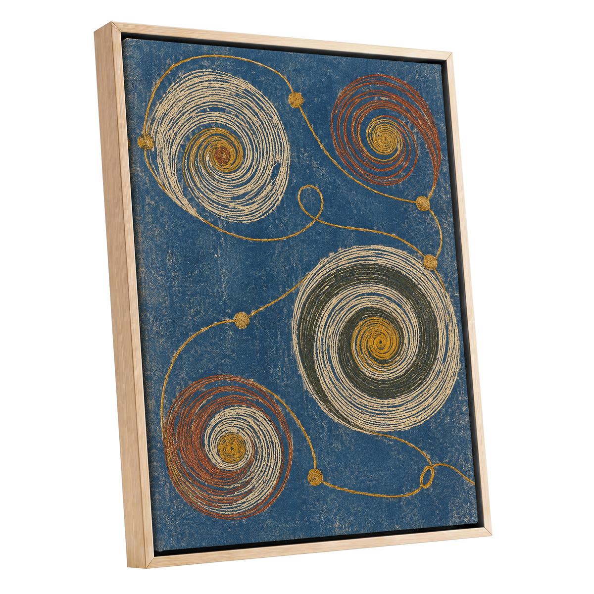 Spiral Cadence, blue, beige, gold abstract wall art shown as a oak framed canvas wall art