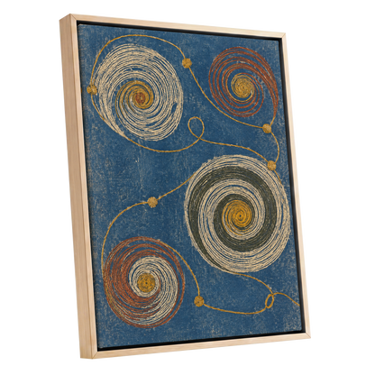 Spiral Cadence, blue, beige, gold abstract wall art shown as a oak framed canvas wall art