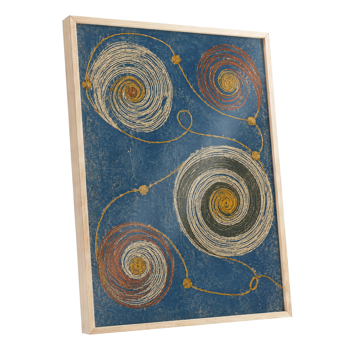 Spiral Cadence, blue, beige, gold abstract wall art shown as a oak framed poster wall art print