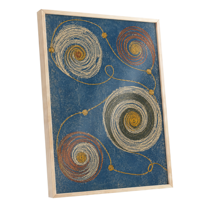 Spiral Cadence, blue, beige, gold abstract wall art shown as a oak framed poster wall art print