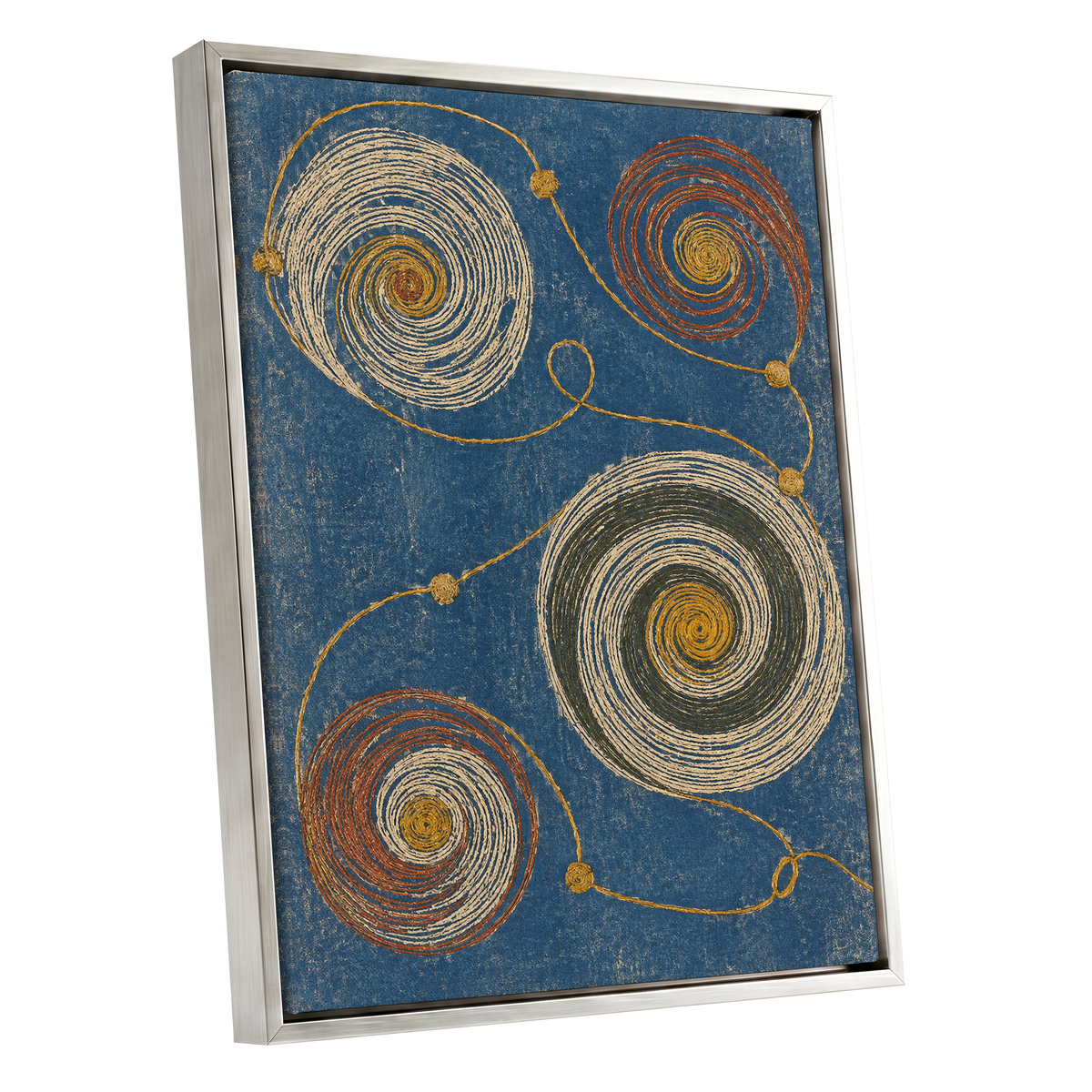Spiral Cadence, blue, beige, gold abstract wall art shown as a silver framed canvas wall art