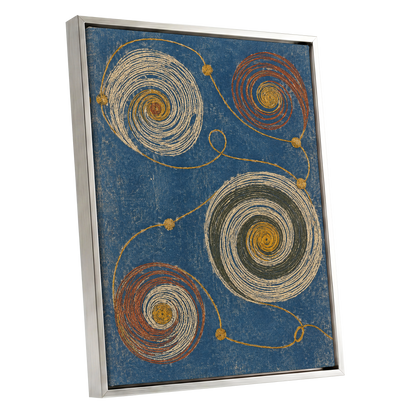 Spiral Cadence, blue, beige, gold abstract wall art shown as a silver framed canvas wall art