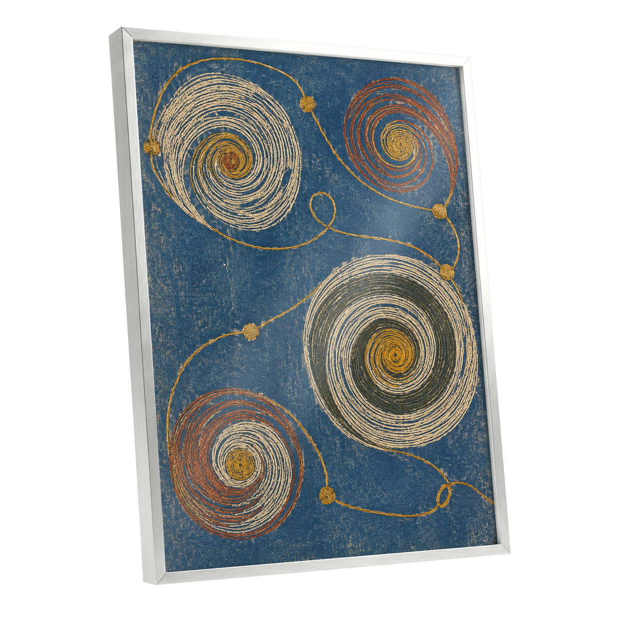 Spiral Cadence, blue, beige, gold abstract wall art shown as a silver framed poster wall art print
