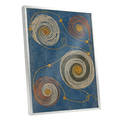 Spiral Cadence, blue, beige, gold abstract wall art shown as a silver framed poster wall art print
