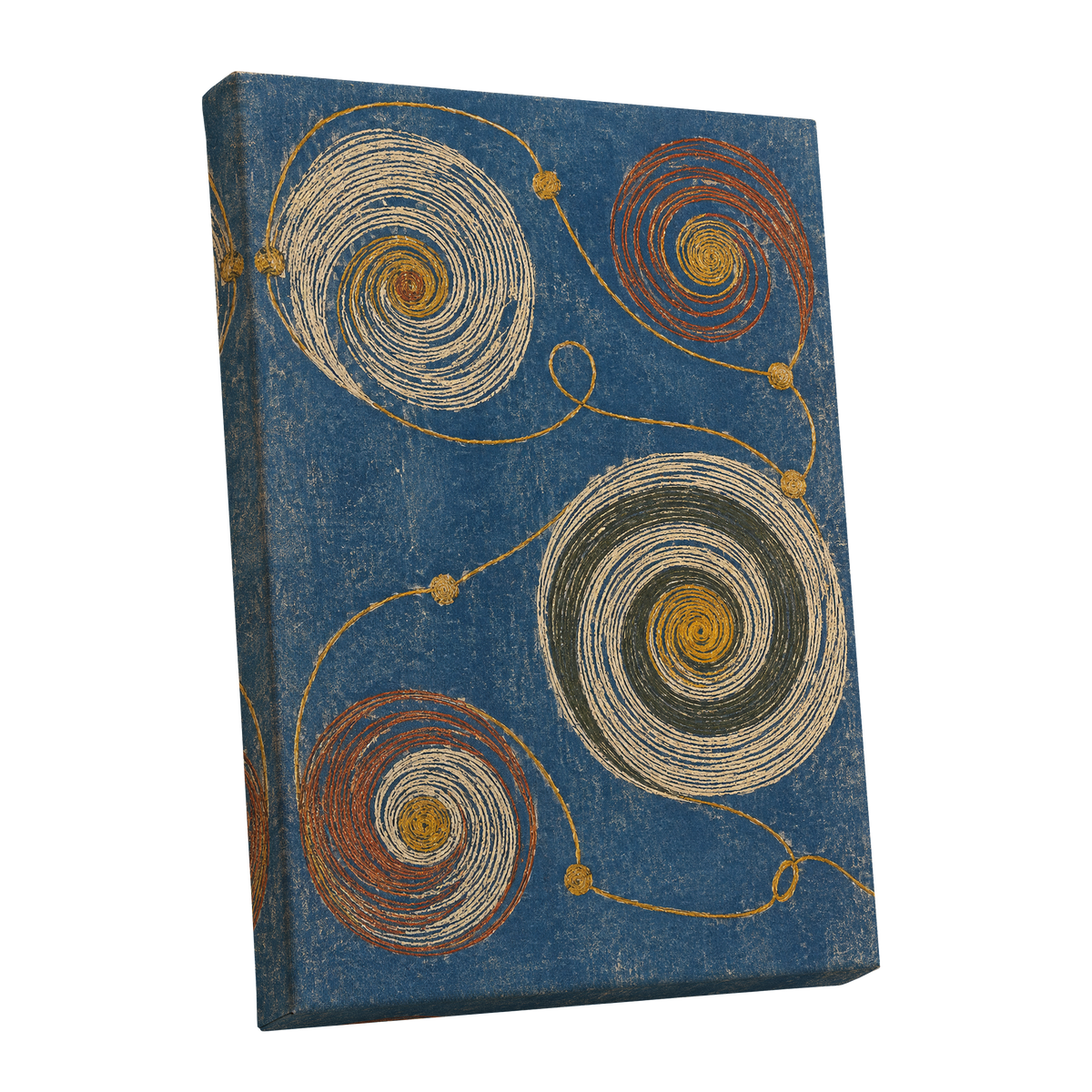 Spiral Cadence, blue, beige, gold abstract wall art shown as a stretched canvas wall art