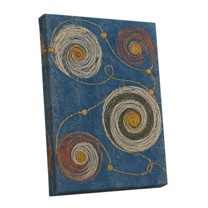 Spiral Cadence, blue, beige, gold abstract wall art shown as a stretched canvas wall art