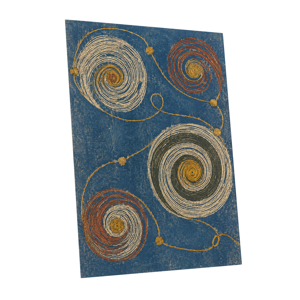 Spiral Cadence, blue, beige, gold abstract wall art shown as a unframed poster wall art print