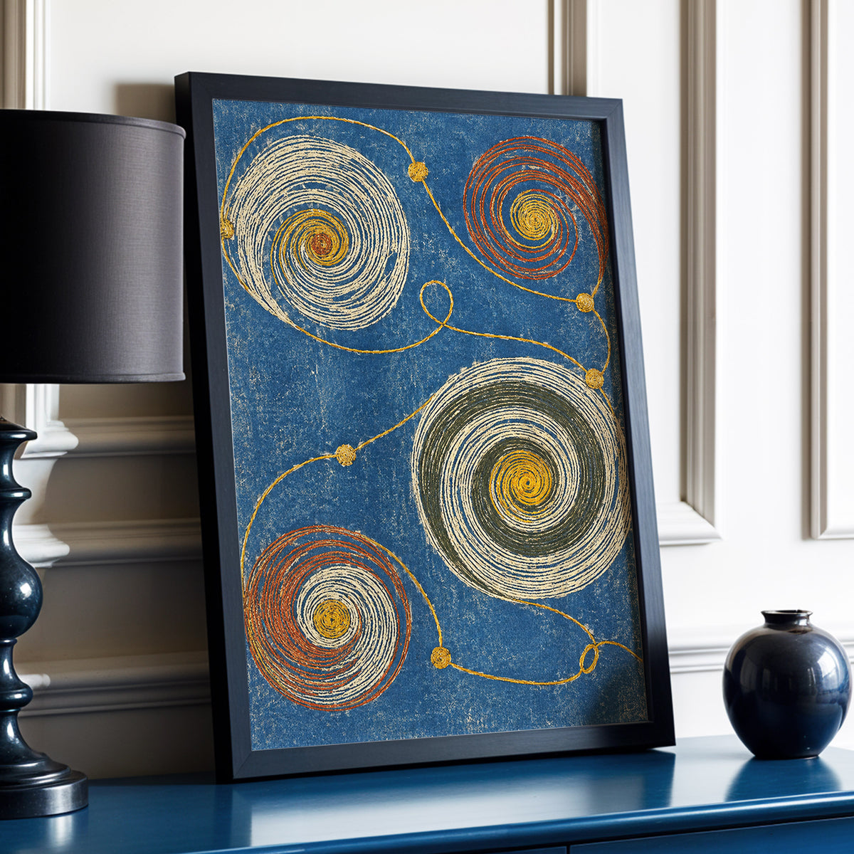 Spiral Cadence, blue, beige, gold abstract wall art displayed in a styled interior, gallery view 2