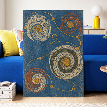 Spiral Cadence, blue, beige, gold abstract wall art displayed in a styled interior, gallery view 3