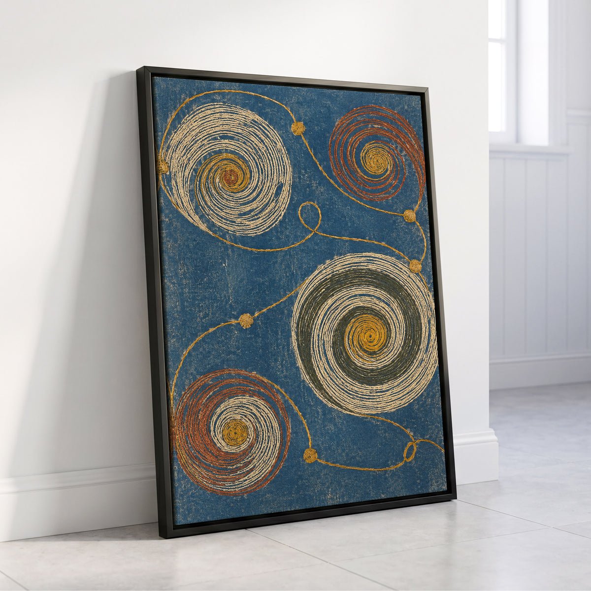Spiral Cadence, blue, beige, gold abstract wall art displayed in a styled interior, gallery view 4