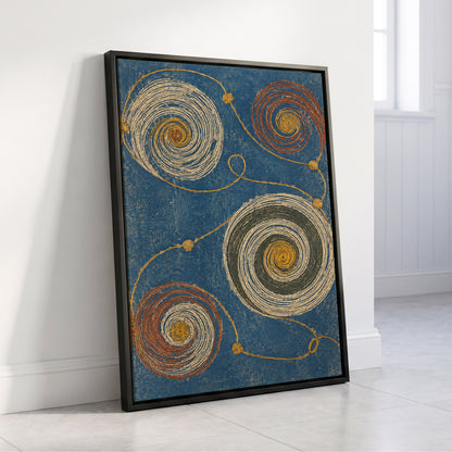 Spiral Cadence, blue, beige, gold abstract wall art displayed in a styled interior, gallery view 4