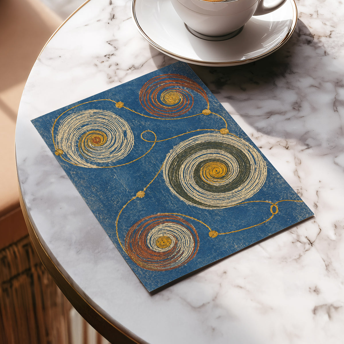 Spiral Cadence, blue, beige, gold abstract wall art displayed in a styled interior, gallery view 5