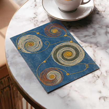Spiral Cadence, blue, beige, gold abstract wall art displayed in a styled interior, gallery view 5