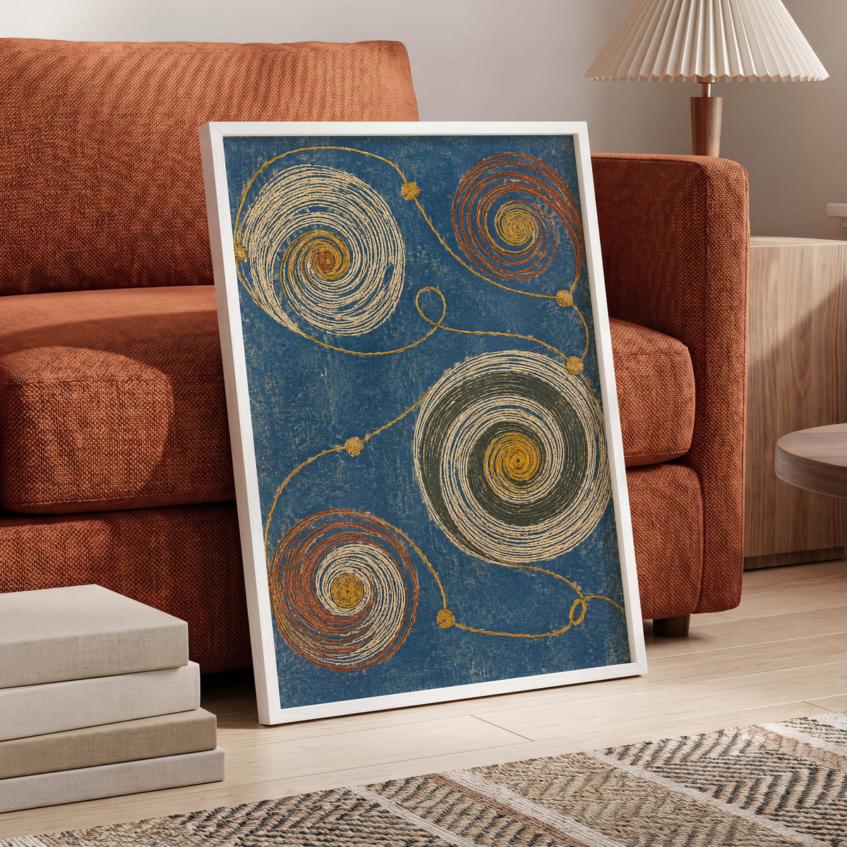 Spiral Cadence, blue, beige, gold abstract wall art displayed in a styled interior, gallery view 6