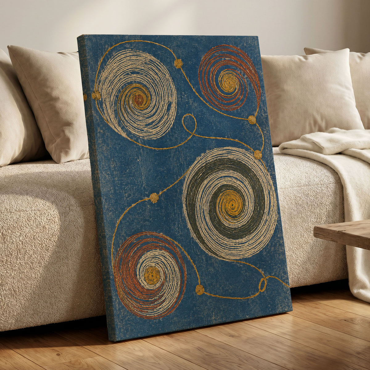 Spiral Cadence, blue, beige, gold abstract wall art displayed in a styled interior, gallery view 7