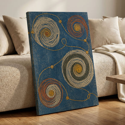 Spiral Cadence, blue, beige, gold abstract wall art displayed in a styled interior, gallery view 7